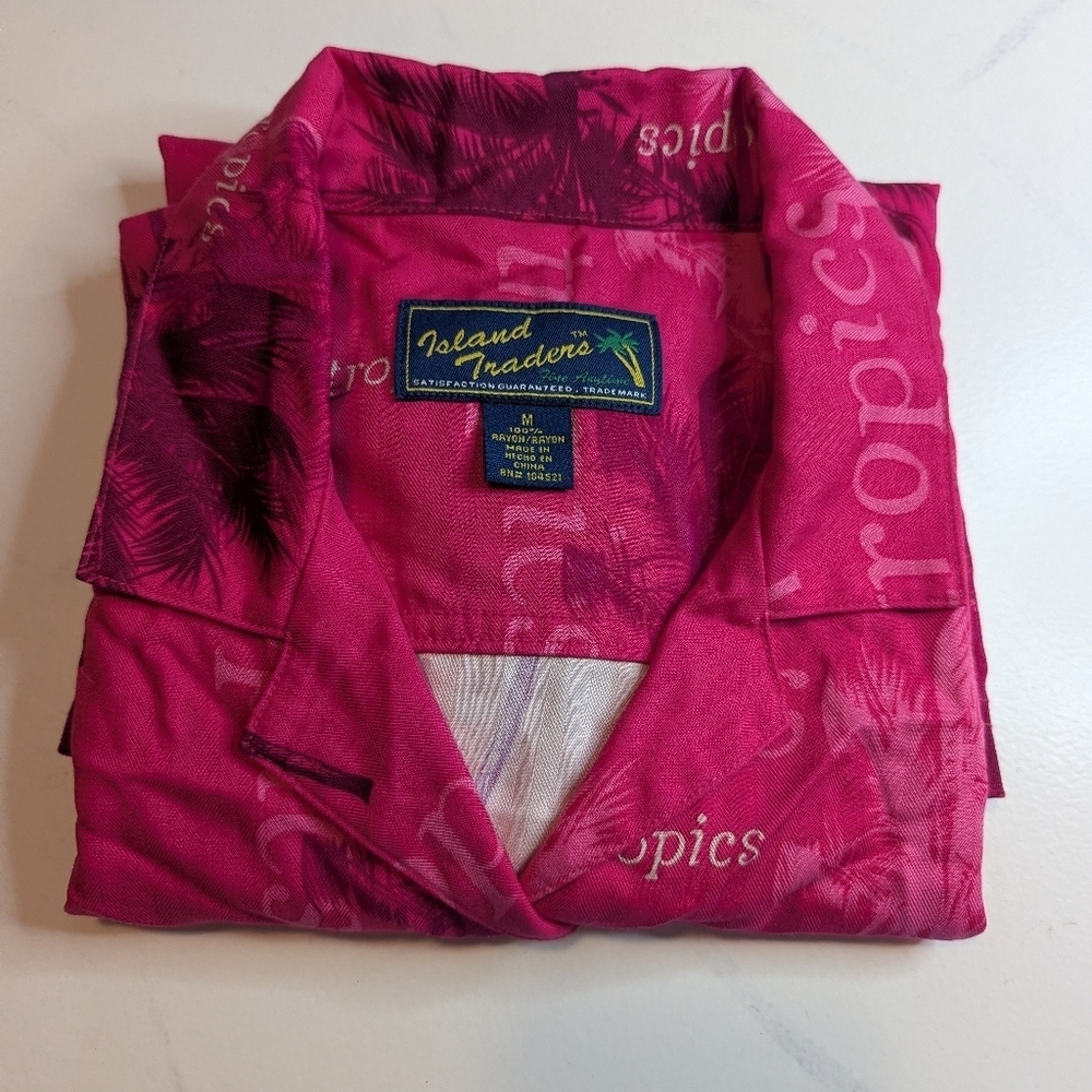 VTG Island Traders Hawaiian Tropical Shirt Pink Men's M Short Sleeve Button Up - Picture 10 of 10